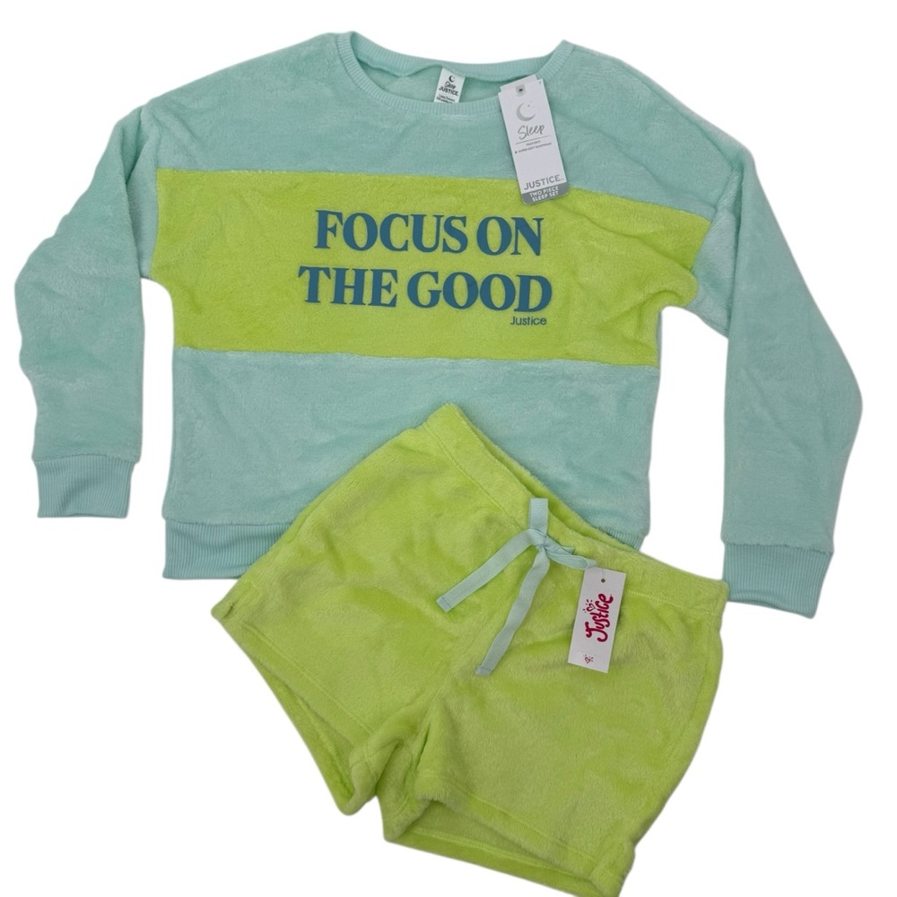 Justice Girl's size 7 "FOCUS ON THE GOOD" Top/Shorts Fleece Pajama Set NWT